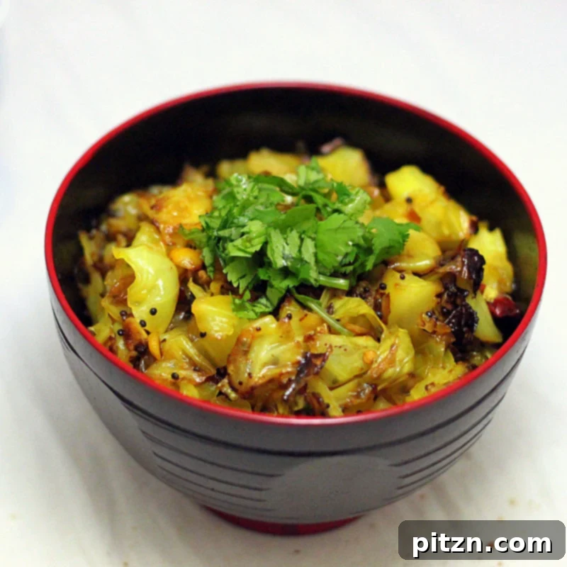 Patta Gobi Sabzi, a vibrant Indian cabbage stir fry with mustard seeds