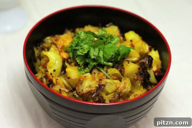 Close-up of Patta Gobi Sabzi served in a bowl