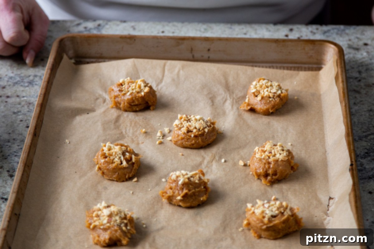 Flourless Peanut Butter Cookies 11 An array of unbaked vegan no-flour peanut butter cookie dough balls, topped with crushed peanuts, neatly arranged on a parchment-lined cookie sheet before going into the oven.