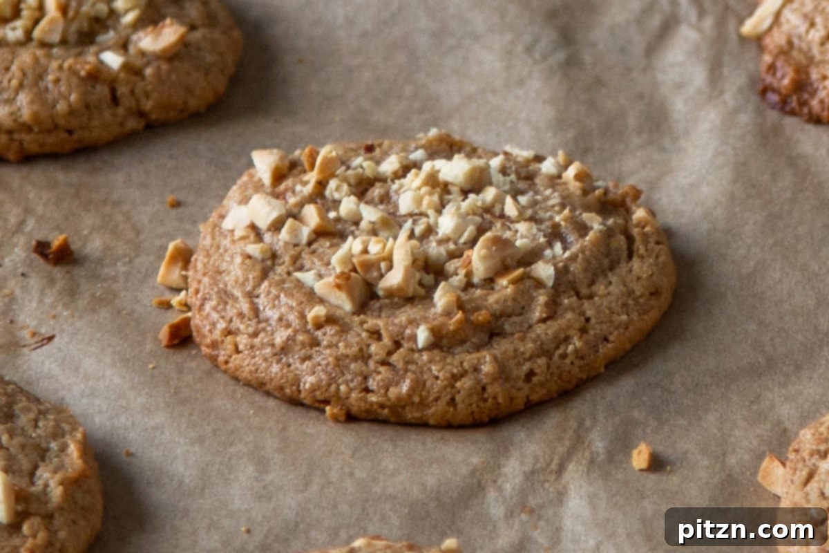 Flourless Peanut Butter Cookies 12 A close-up of a freshly baked, single vegan peanut butter cookie, perfectly golden and adorned with a sprinkle of crushed peanuts, ready to be enjoyed.