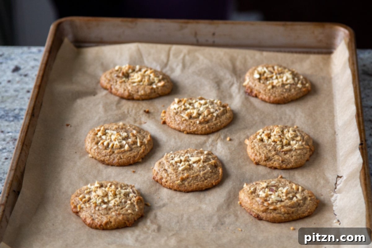 Flourless Peanut Butter Cookies 13 A baking sheet filled with a batch of freshly baked vegan no-flour peanut butter cookies, cooling down after being removed from the oven.