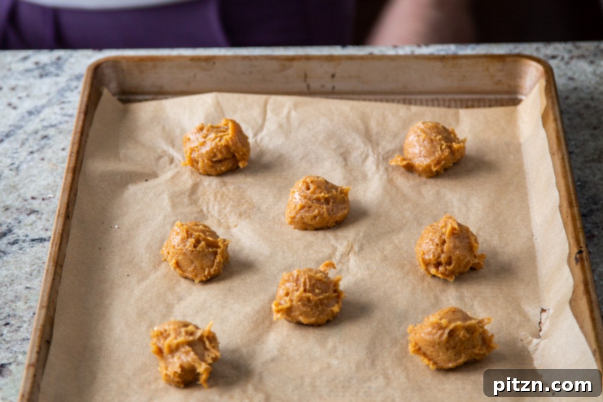 Flourless Peanut Butter Cookies 9 A cookie scoop gently placing a portion of vegan peanut butter batter onto a parchment-lined baking sheet, demonstrating the preparation process.