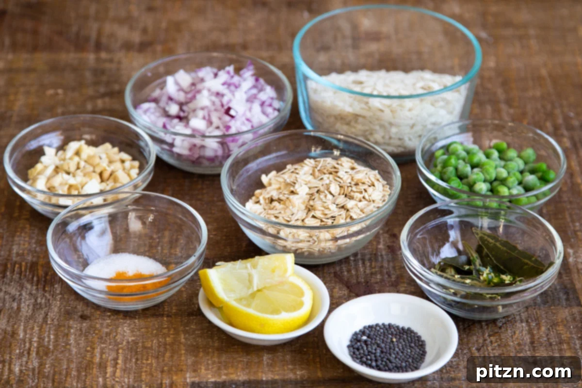Spiced Onion Poha: Savory Flattened Rice Breakfast 5 A rustic wooden board displaying all the essential ingredients laid out for making Kanda Poha: rice flakes, oats, onion, peas, spices, and fresh herbs.