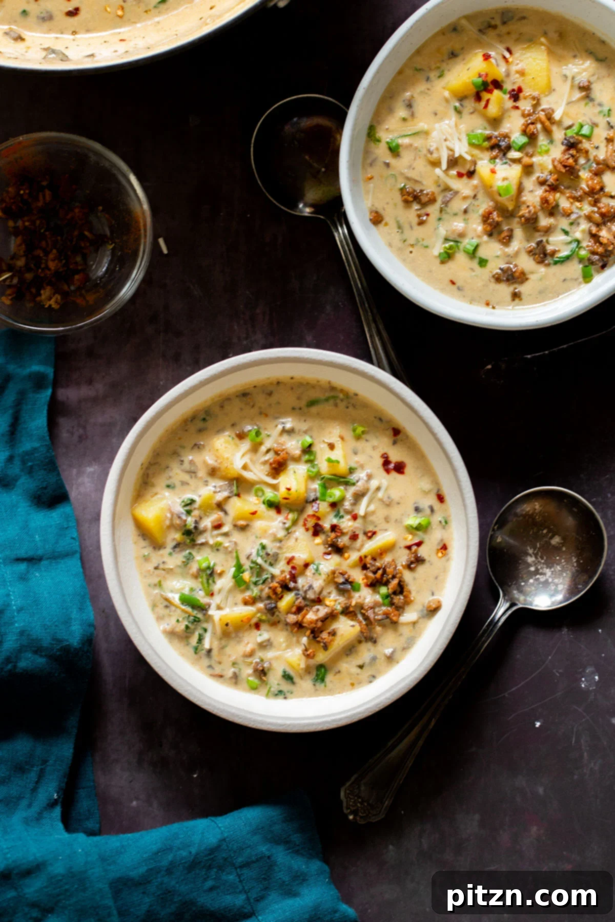 Two bowls of creamy vegan Zuppa Toscana soup, garnished with fresh herbs, with silver spoons alongside.