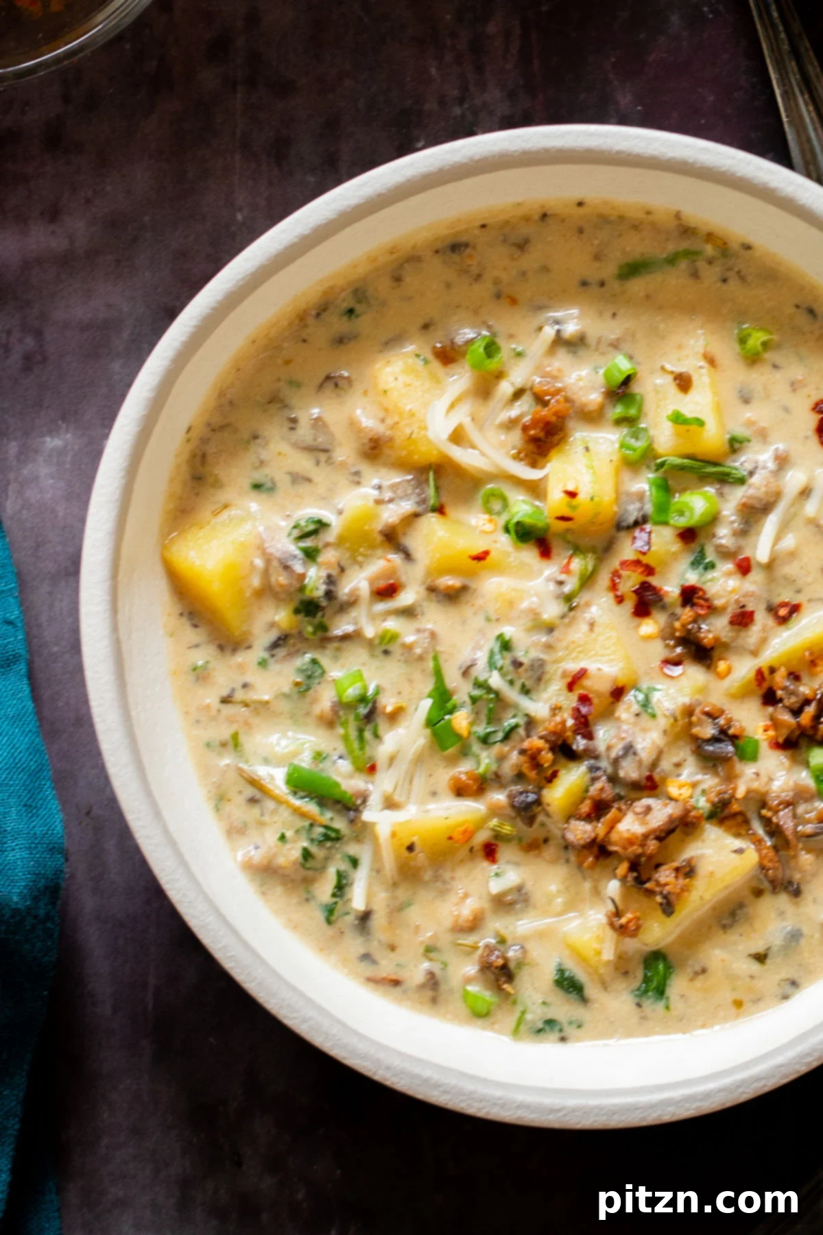 A single bowl of vegan Zuppa Toscana topped with fresh chopped chives, showcasing its rich and creamy texture.