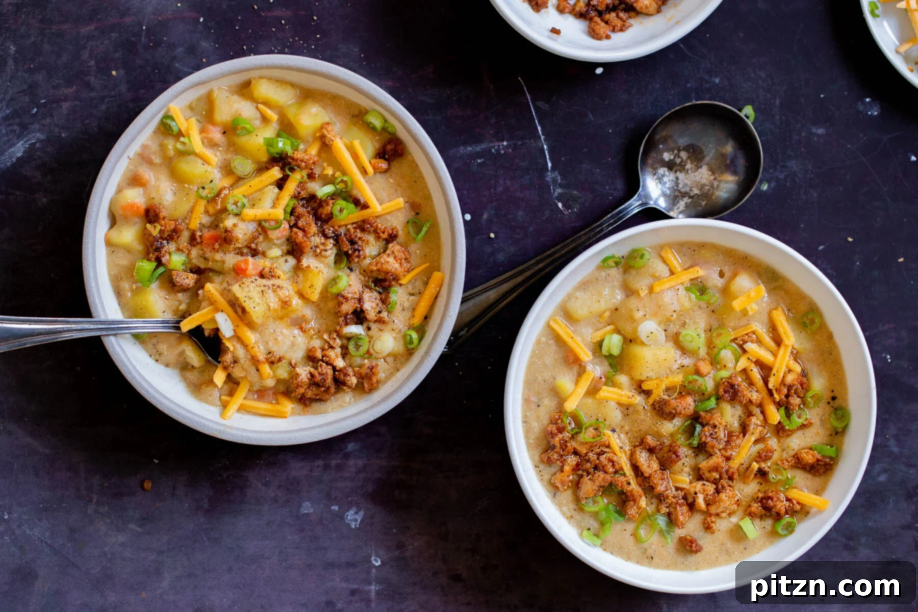Fireside Smoked Potato Soup 17 Beautifully garnished bowls of smoky vegan potato soup, topped with crispy tofu crumbles, green onions, and vegan cheese, ready to be enjoyed
