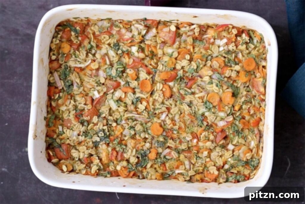 Vegan Savory Vegetable Baked Oats 11 savory baked veggie oats fresh out of the oven, still in the pan, golden brown and perfectly set