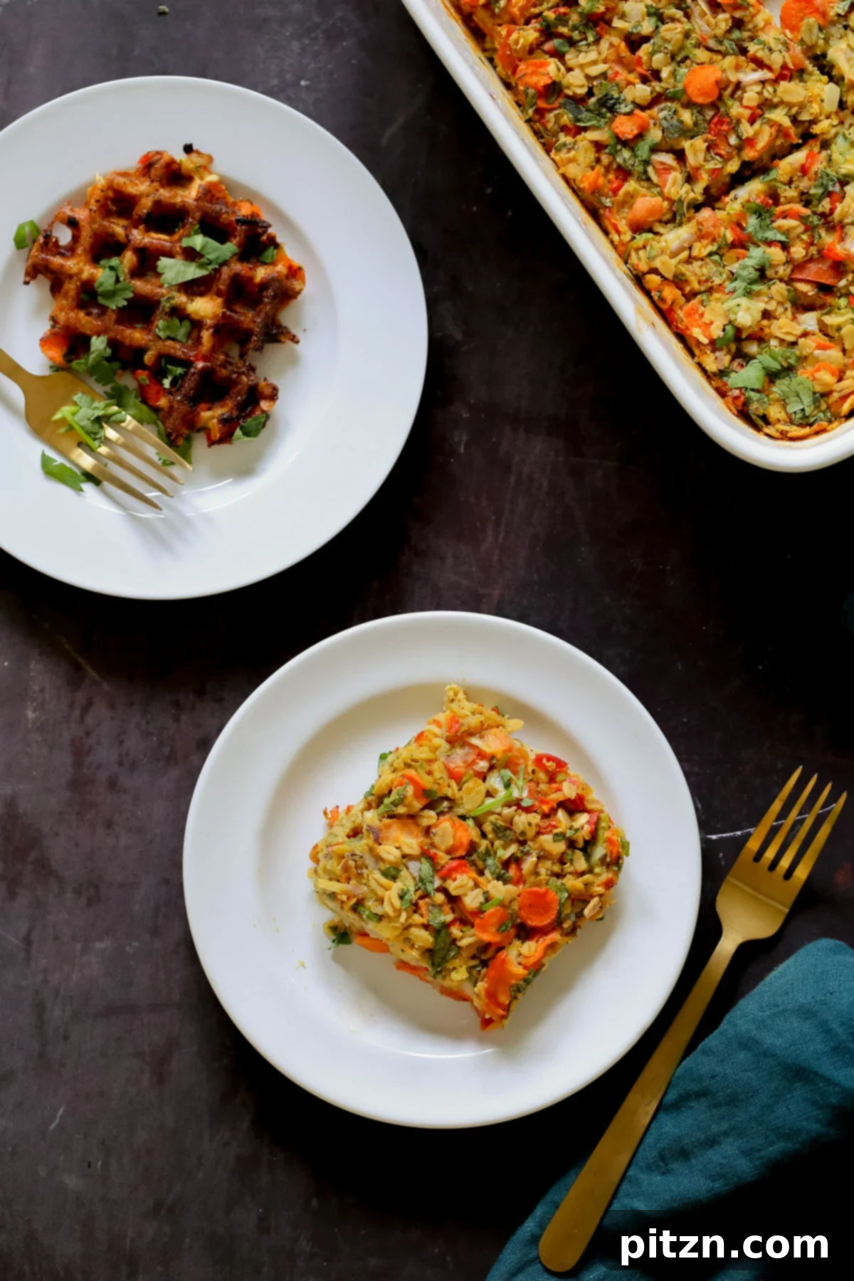 Vegan Savory Vegetable Baked Oats 3 a piece of savory baked oats on a white plate next to the baking pan and a waffle, showcasing serving ideas