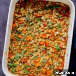 Vegan Savory Vegetable Baked Oats 5 savory baked oats mixed up in the pan before baking