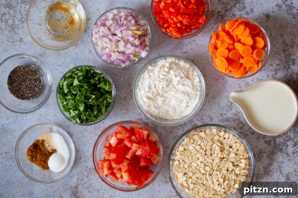 Vegan Savory Vegetable Baked Oats 6 oats, flour, veggies, and spices laid out in separate cups on a kitchen counter before mixing