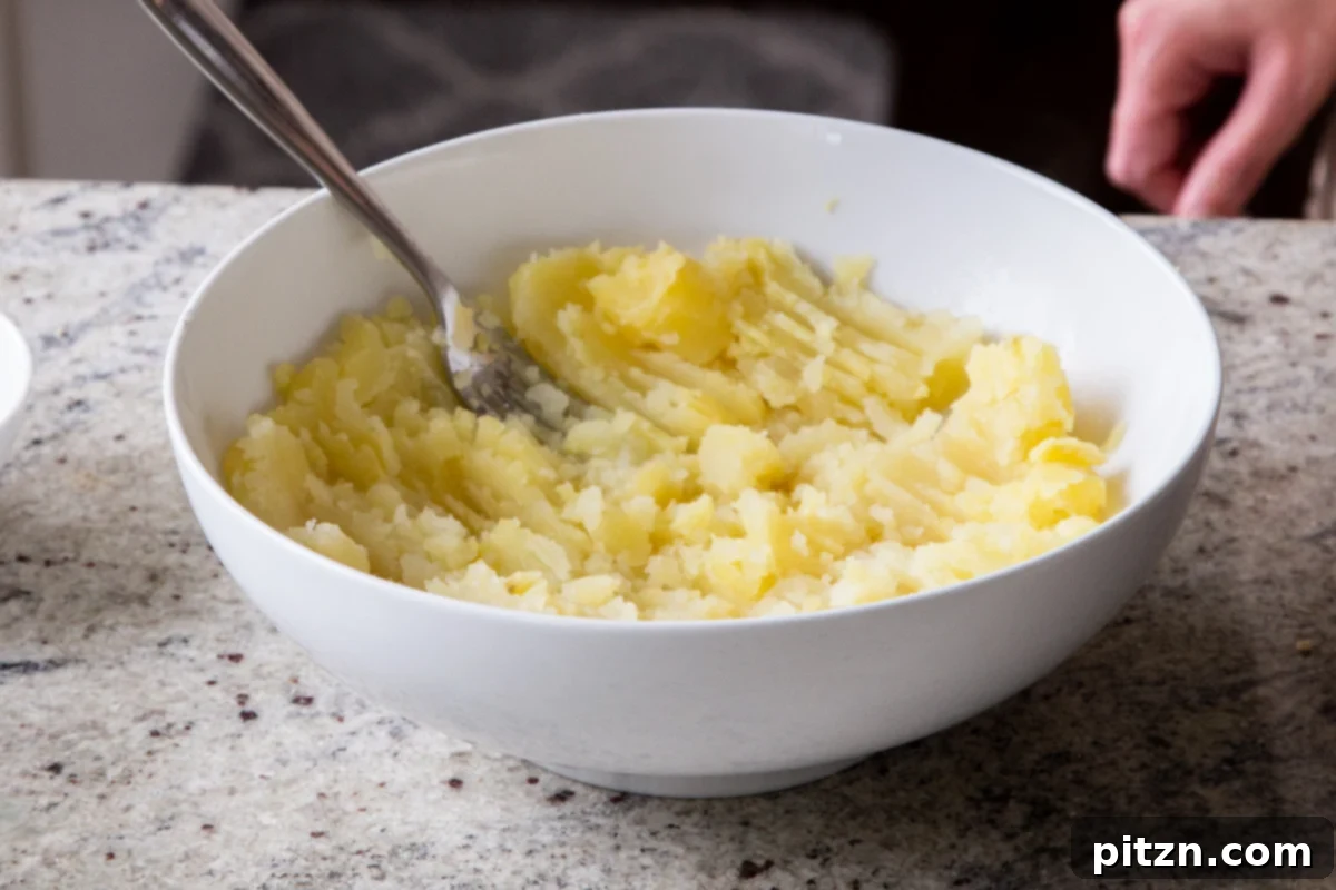 Creamy mashed potatoes in a bowl, perfectly prepared to be seasoned and transformed into the savory filling.
