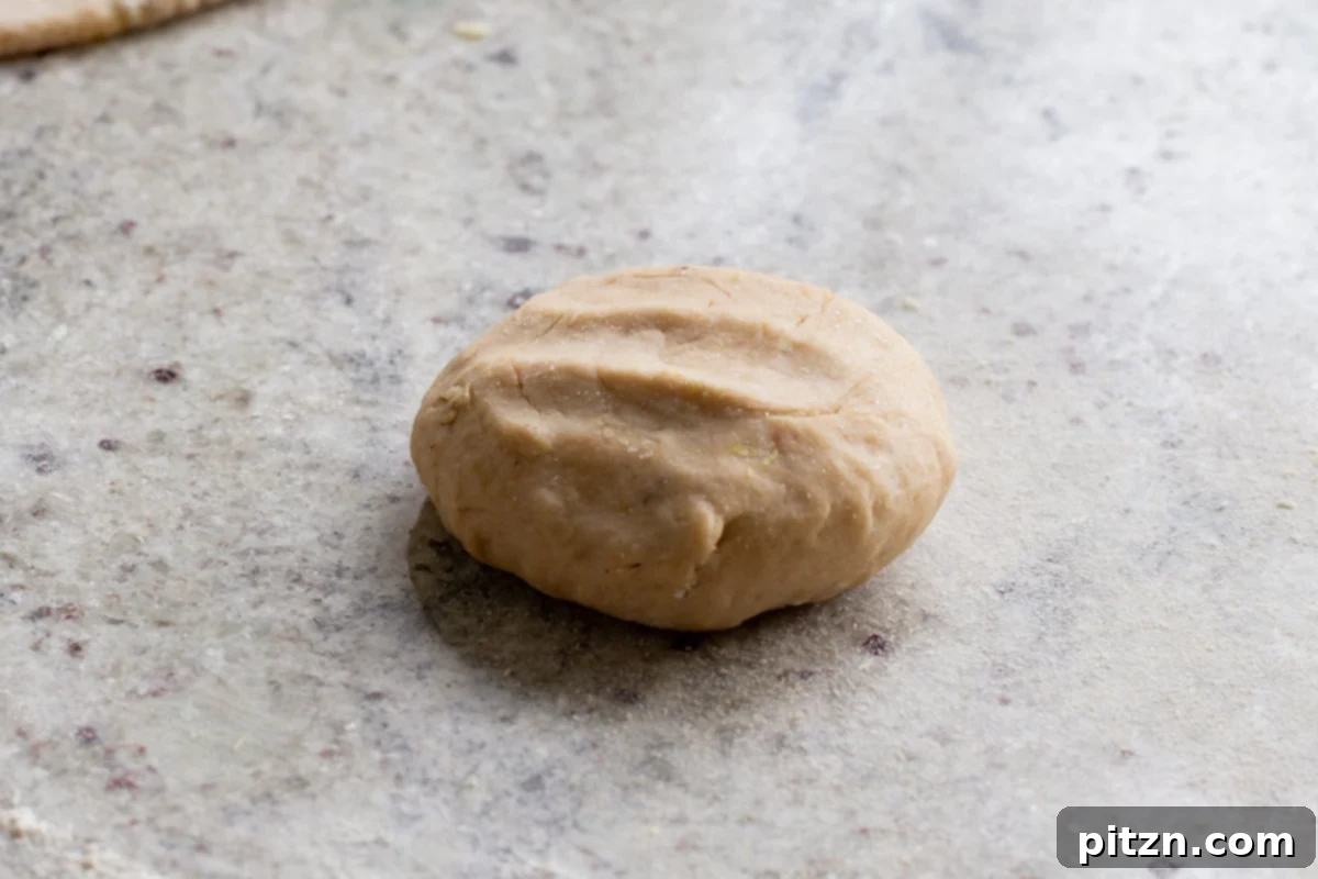A single ball of multigrain paratha dough sits on a lightly floured surface, poised for rolling.