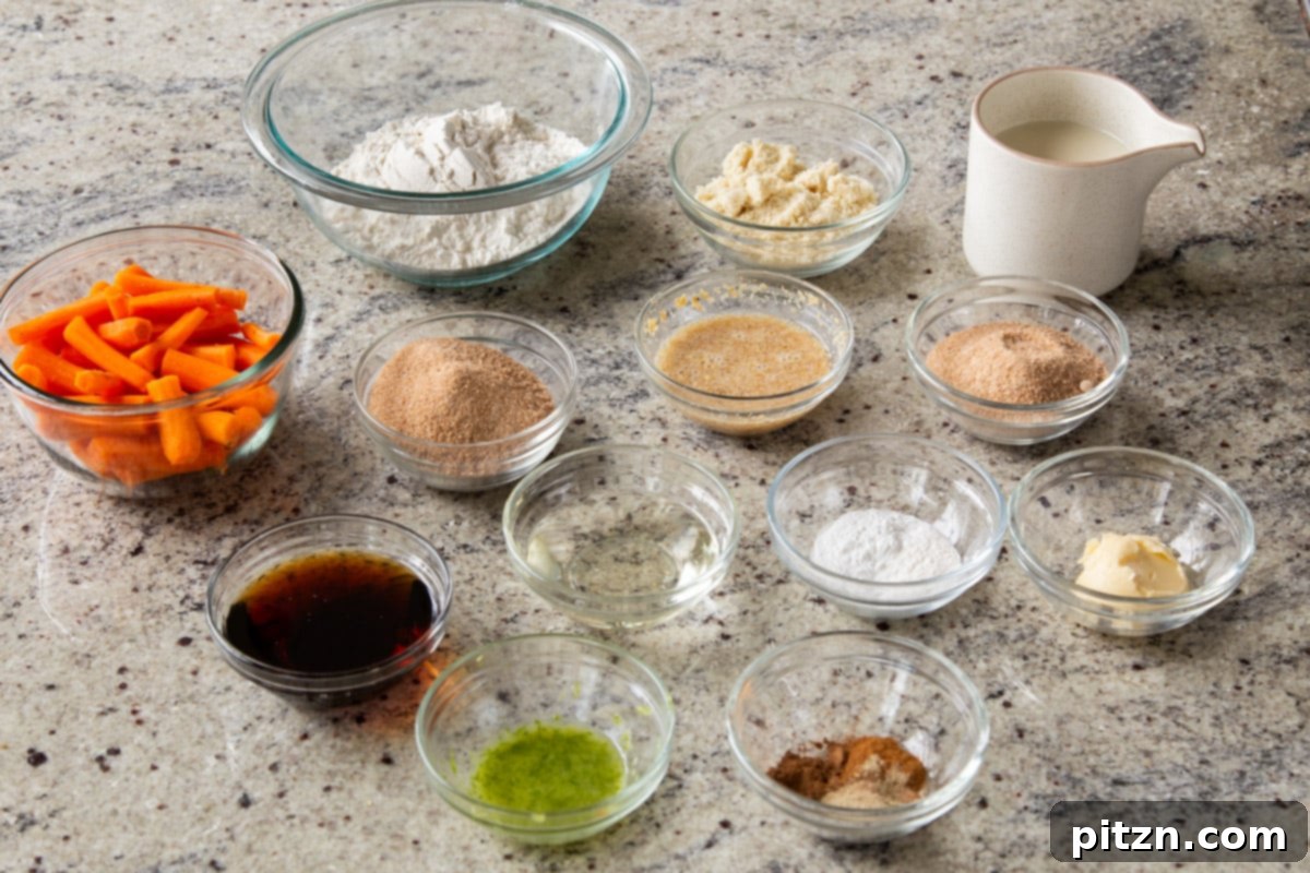 Decadent Carrot Halwa Gateau 7 Carrots, flour, various spices, and other cake ingredients neatly arranged on a kitchen counter, ready for baking.