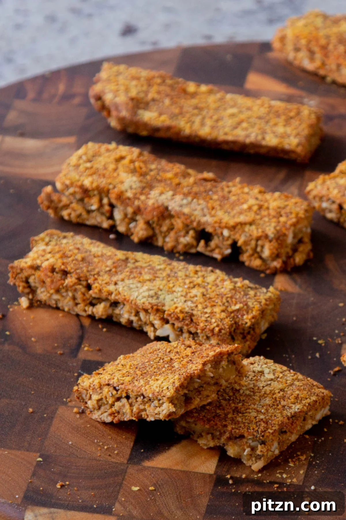 Doritos Nacho Crunch Bars 2 Savory granola bars on a cutting board, one is broken in half revealing a textured interior