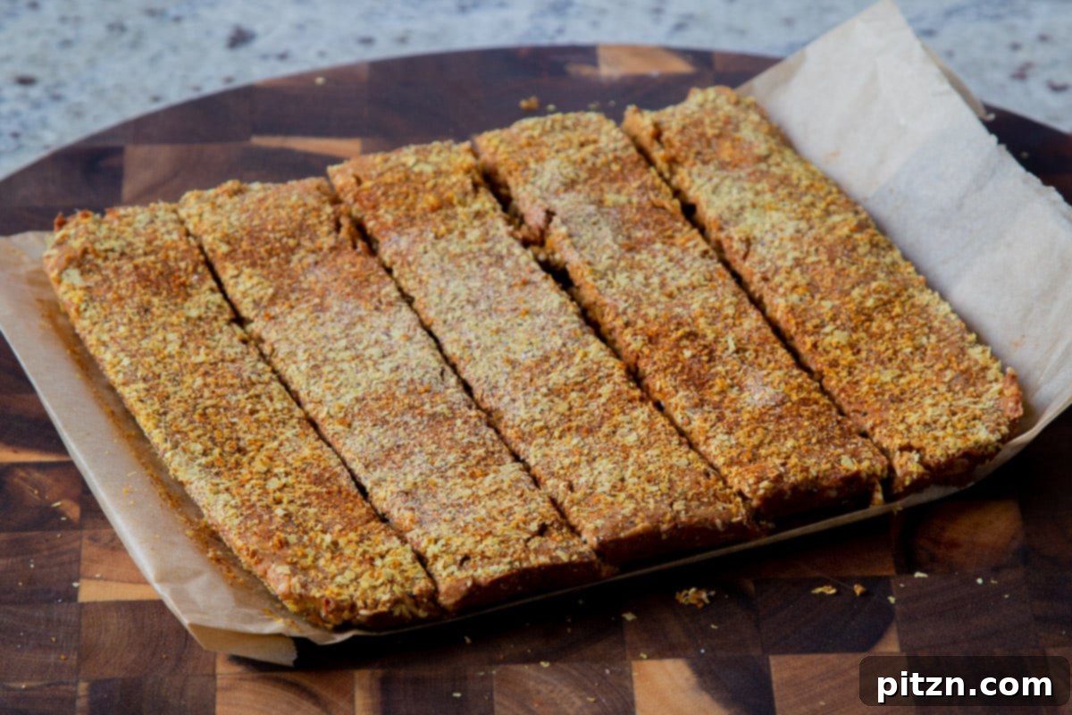 Doritos Nacho Crunch Bars 17 Savory granola bars arranged on a cutting board after being sliced