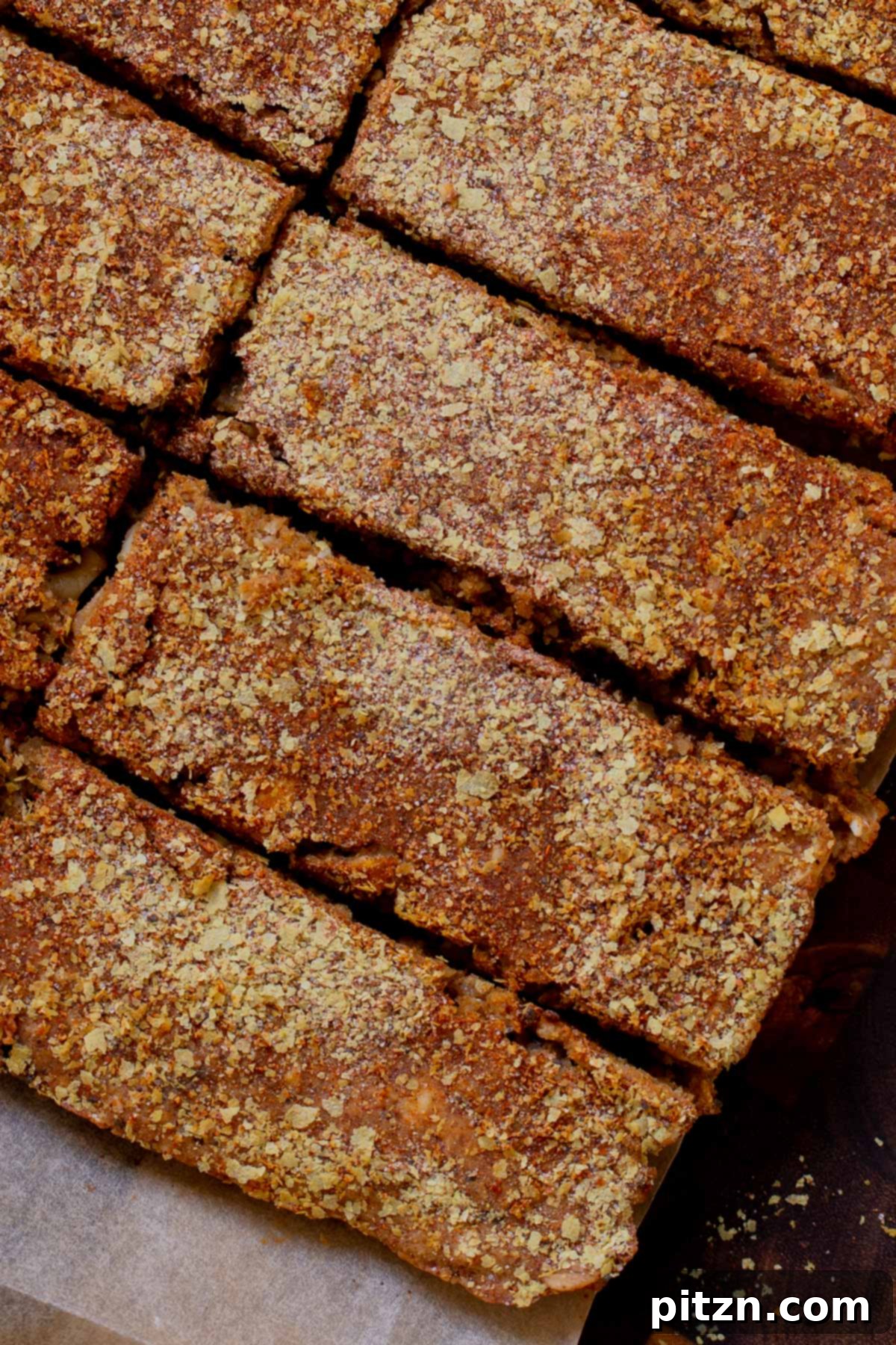 Doritos Nacho Crunch Bars 3 Freshly baked and sliced savory granola bars on a cutting board