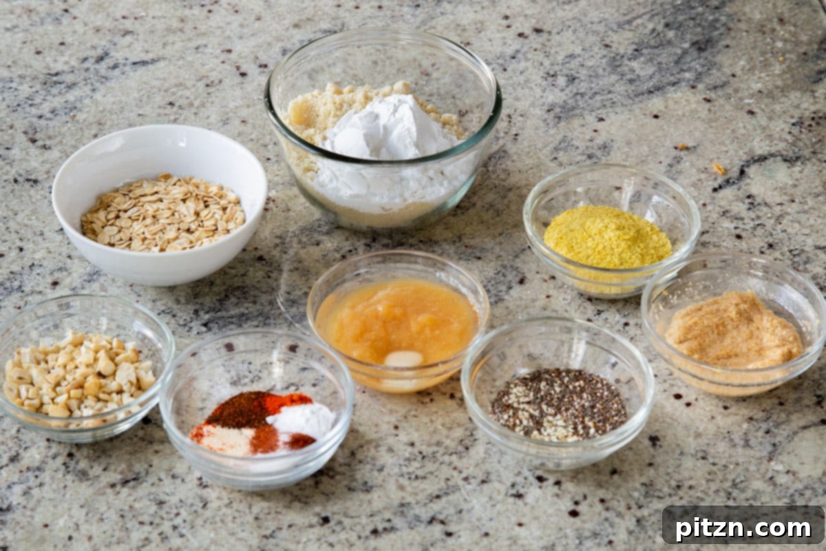 Doritos Nacho Crunch Bars 5 Bowls of oats, almond flour, and other ingredients on a kitchen counter, ready for mixing