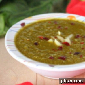Velvety Vegan Spinach Soup Gluten-Free 3 A bowl of creamy spinach soup on a wooden work top