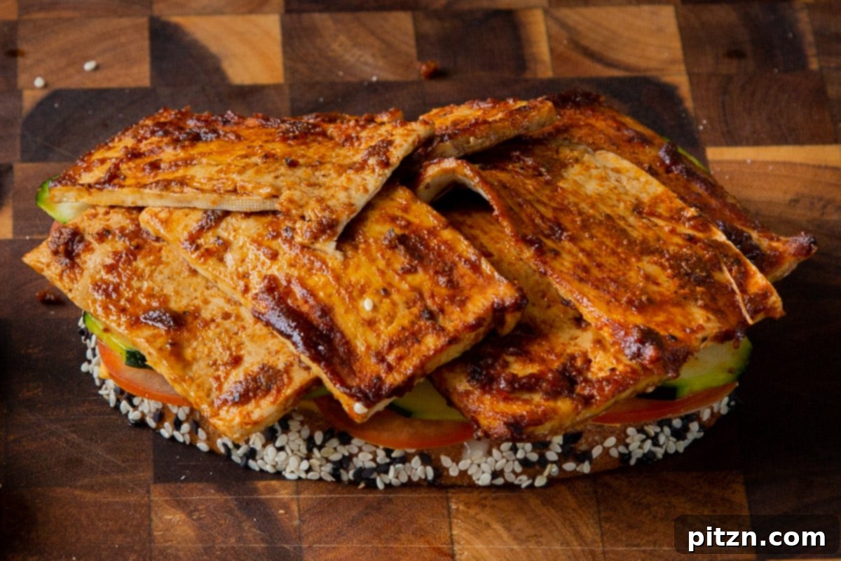 Plant-Based Deli Club 15 Delicious homemade tofu deli slices being layered onto the fresh vegetables, creating a hearty filling for the vegan club sandwich.