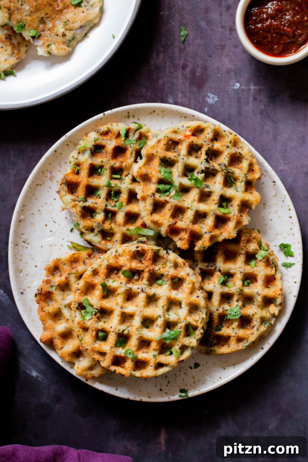 Plates of golden brown rava idli waffles and soft rava idli pancakes arranged next to a bowl of vibrant green chutney, showcasing a delicious South Indian breakfast spread.