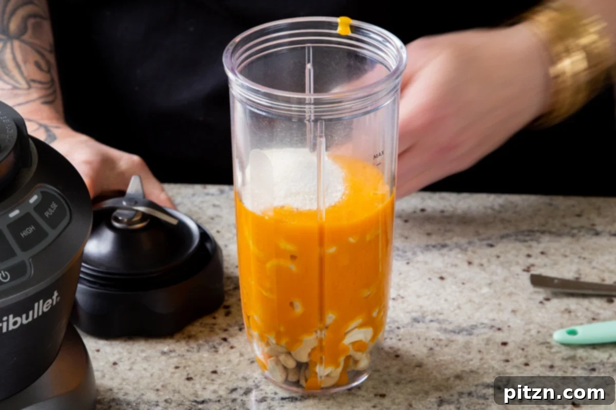 cashews, mango puree, and sugar in the blender canister, before blending