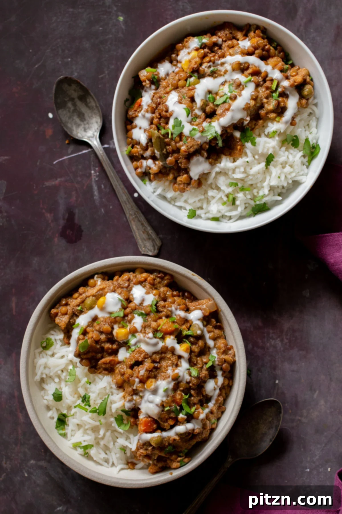 Sheet Pan Konkani Lentil Curry 4 bowls of baked Konkani curry topped with coconut cream, cilantro, and pepper flakes