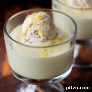 Two cups of creamy vegan lemon pudding, topped with fluffy vegan vanilla ice cream and fresh lemon zest, sitting on a rustic wooden table.