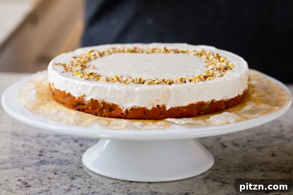 Indian Fusion Grain Free No Bake Carrot Halwa Cheesecake 17 carrot cake cheesecake on a serving plate