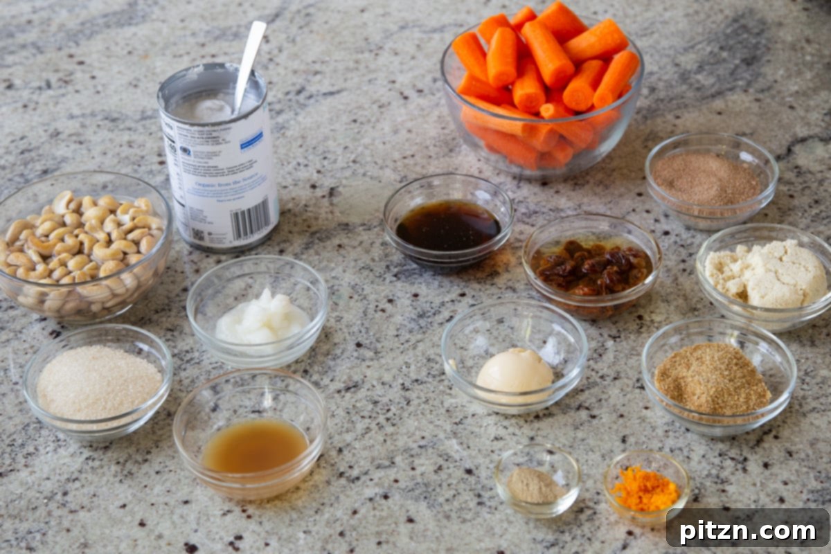 Indian Fusion Grain Free No Bake Carrot Halwa Cheesecake 6 cheesecake ingredients in bowls on a kitchen counter