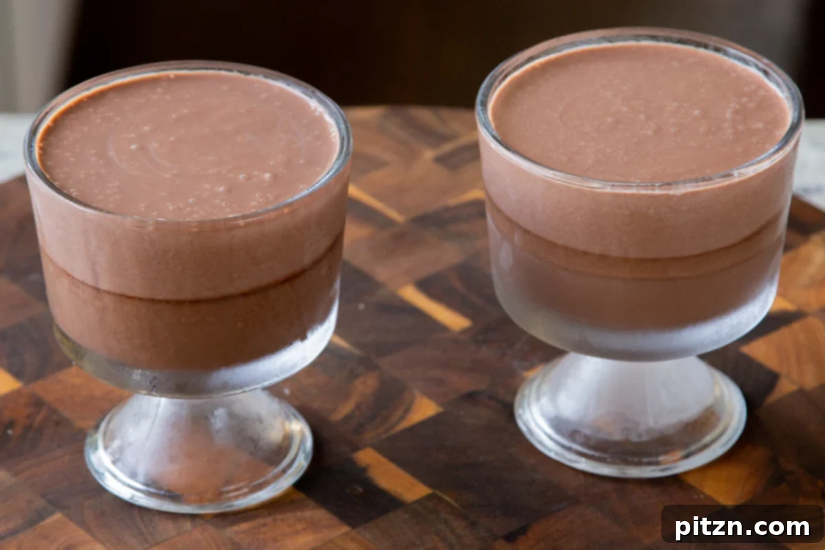Decadent Easy Vegan Chocolate Pudding Soy Gluten Nut Free 13 Cups filled with two-layer vegan chocolate pudding, chilling to perfection.