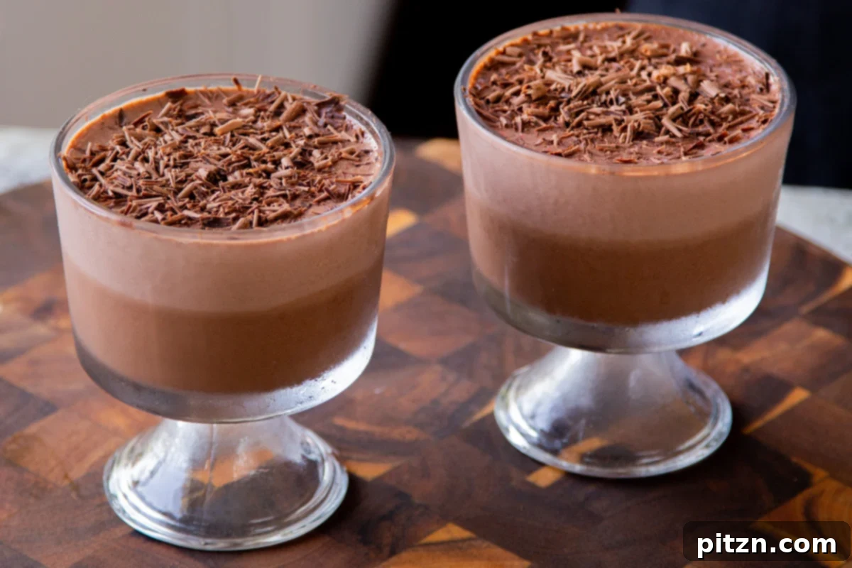 Decadent Easy Vegan Chocolate Pudding Soy Gluten Nut Free 14 Two cups of two-layer vegan chocolate pudding, beautifully garnished with delicate chocolate shavings.