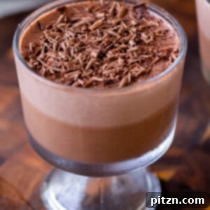 Cup of two-layer vegan chocolate pudding with chocolate shavings on top