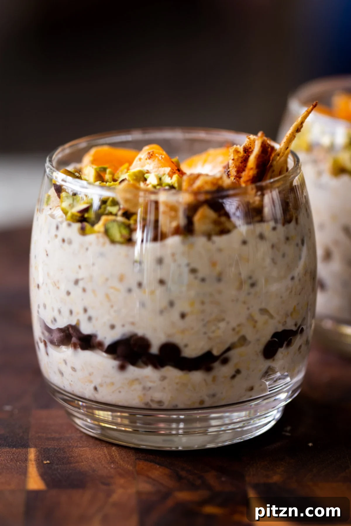 Easy Cannoli Overnight Oats: 30-Minute, Gluten-Free & Soy-Free 3 A close-up side view of Cannoli Overnight Oats in a glass, revealing layers of creamy oats and chocolate chips, topped with fresh orange slices, pistachios, and crispy cinnamon sugar tortilla pieces.