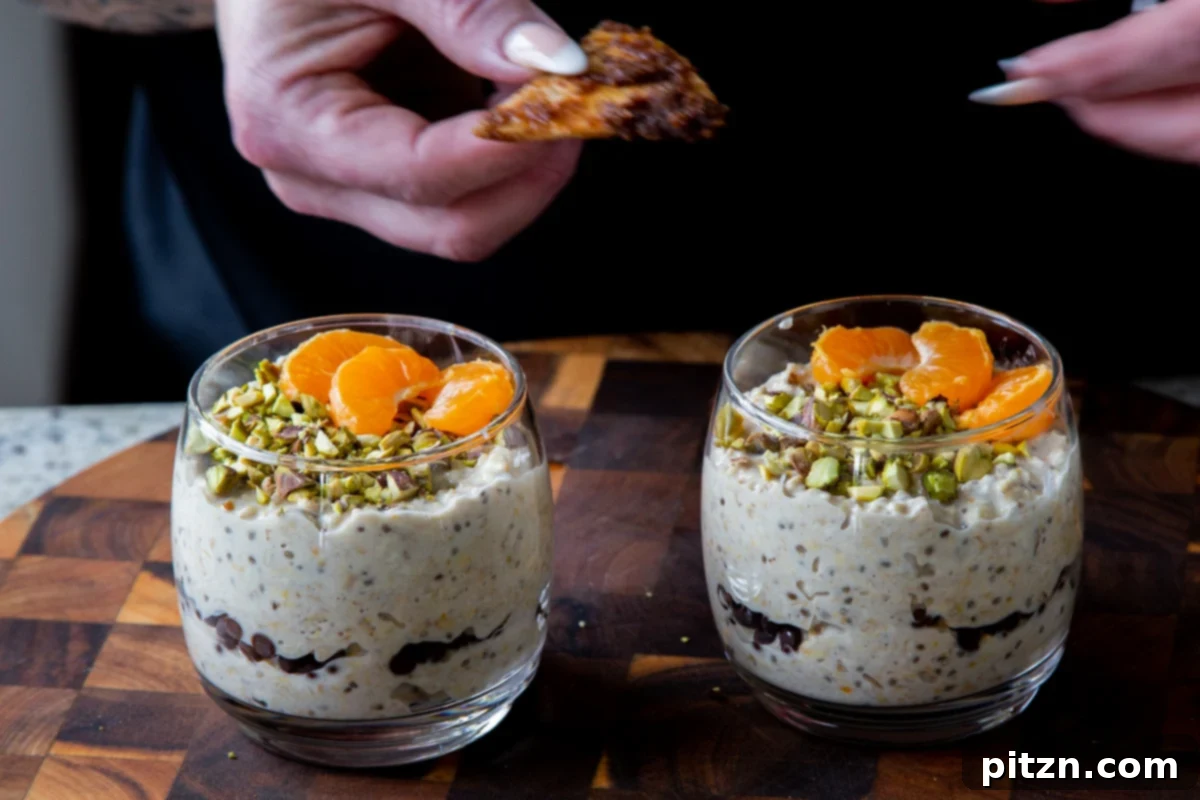 Easy Cannoli Overnight Oats: 30-Minute, Gluten-Free & Soy-Free 20 Adding the freshly made crispy cinnamon sugar tortilla pieces as a topping to the prepared cannoli overnight oats in a glass cup.