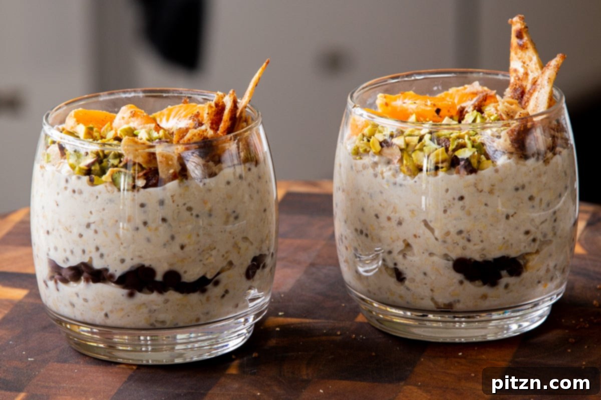 Easy Cannoli Overnight Oats: 30-Minute, Gluten-Free & Soy-Free 21 Two glasses brimming with delicious Cannoli Overnight Oats, beautifully topped with fresh orange slices, chopped pistachios, and a generous scattering of crispy cinnamon sugar tortilla pieces, with chocolate chips visible within the layers.