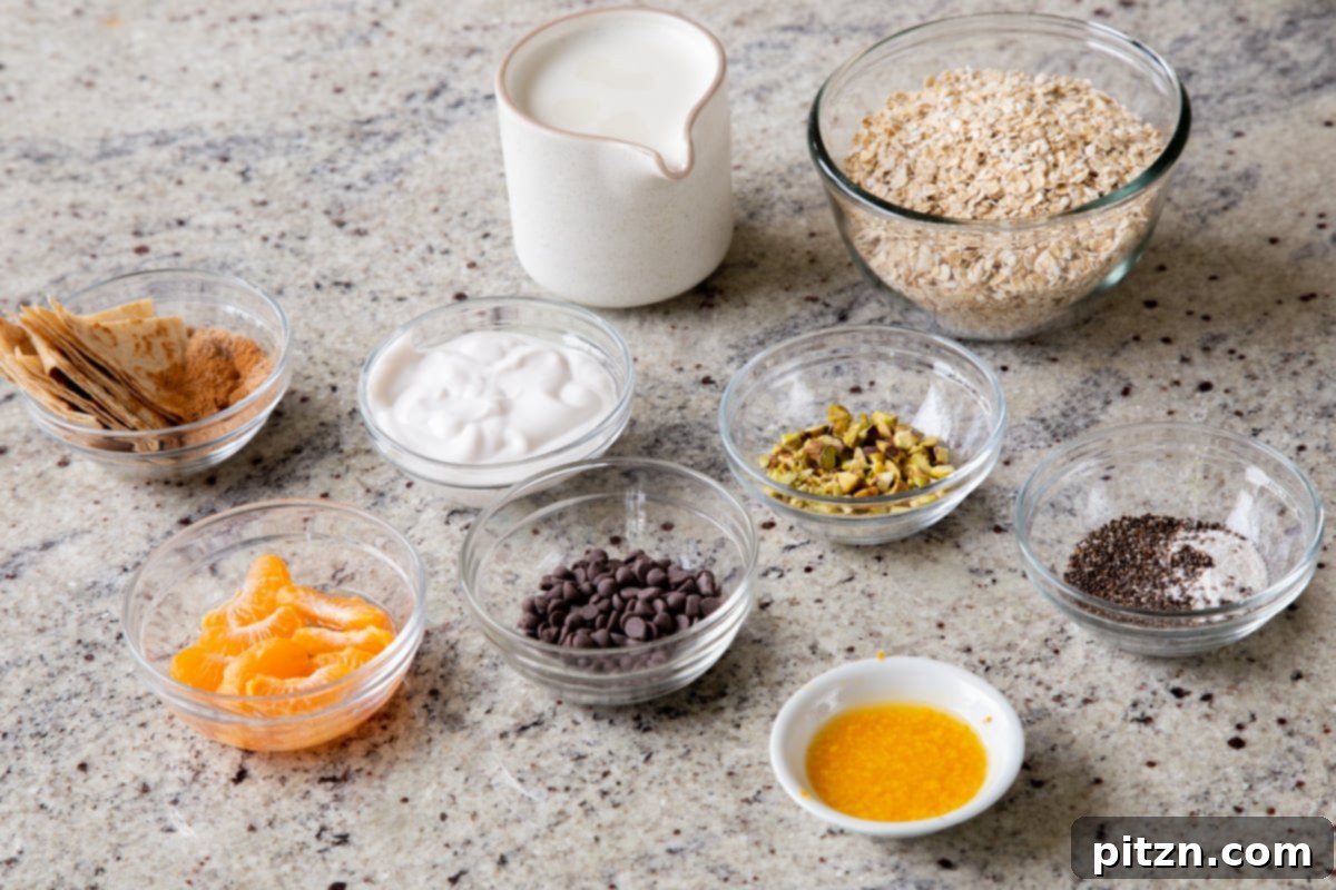 Easy Cannoli Overnight Oats: 30-Minute, Gluten-Free & Soy-Free 7 Bowls of oats, chocolate chips, fresh oranges, and other ingredients for overnight oats arranged on a kitchen counter, ready for preparation.
