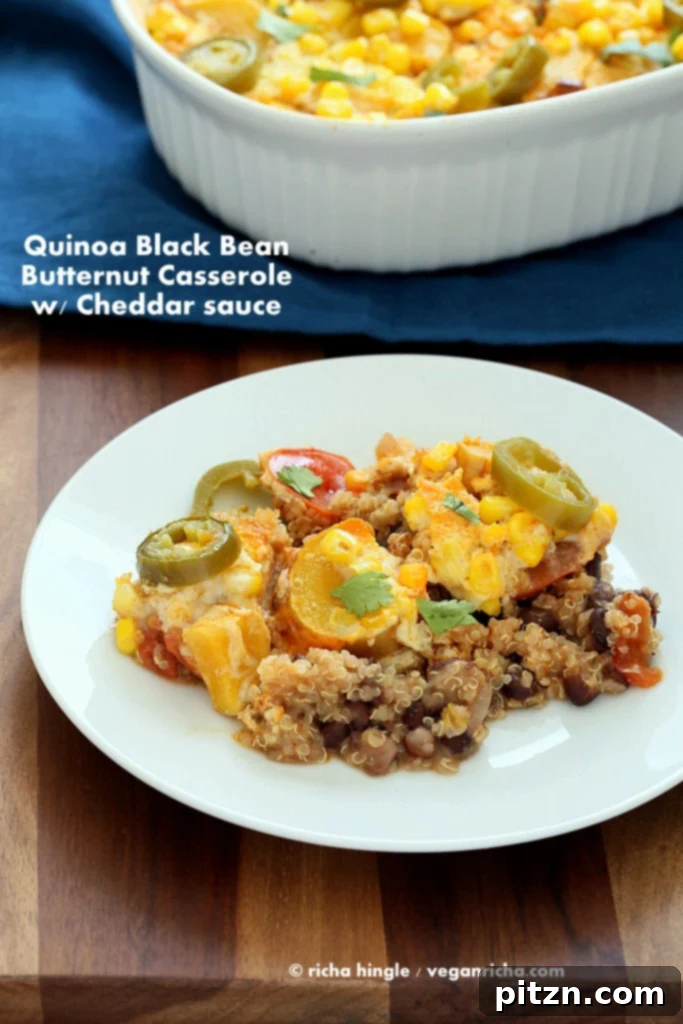 Hearty Vegan Quinoa Black Bean Casserole with Butternut Squash and Cheddar Cream Sauce
