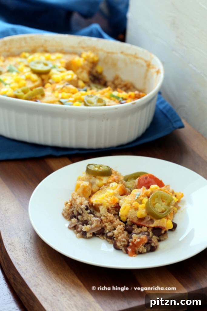 Close-up of baked Vegan Quinoa Black Bean Casserole with fresh cilantro