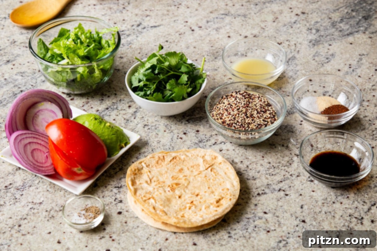 Crispy Quinoa Tacos: Effortlessly Allergy-Friendly 6 Bowls of quinoa, tortillas, and various fresh taco ingredients laid out on a kitchen counter, ready for assembly