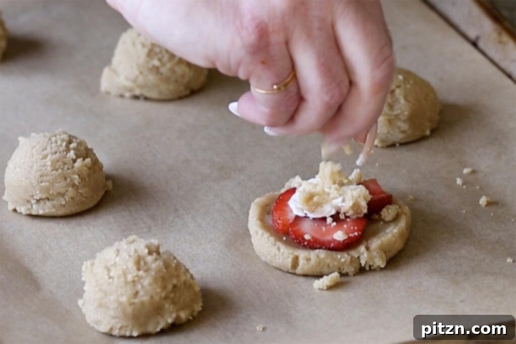 Blissful Strawberry Cheesecake Cookies Without Gluten Soy Or Grains 13 Topping a strawberry cheesecake cookie with the crumb mixture before baking