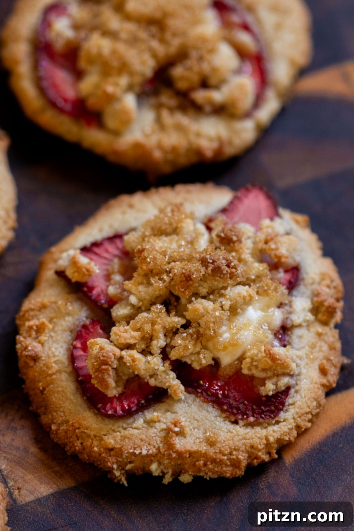Blissful Strawberry Cheesecake Cookies Without Gluten Soy Or Grains 3 Close-up view of two strawberry cheesecake cookies on a wooden tray, showing the crumb topping and fresh berries