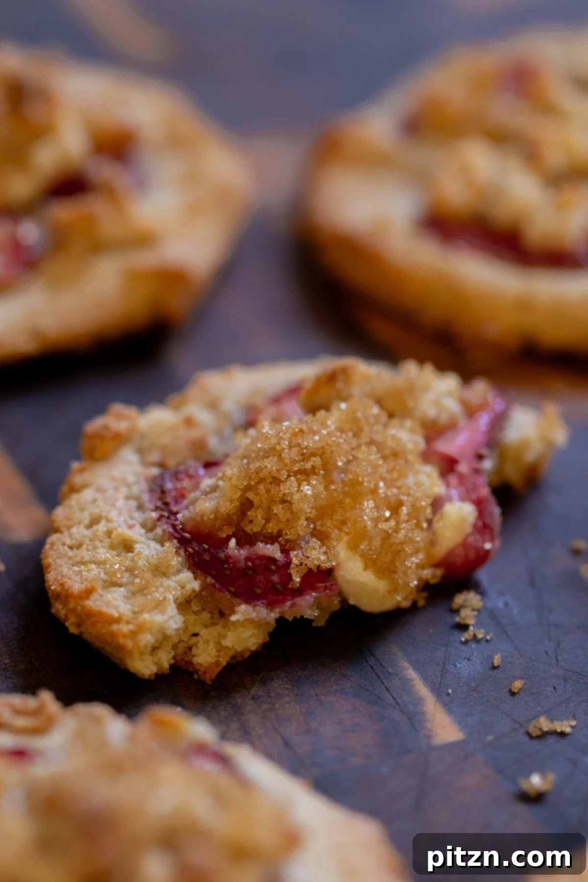 Blissful Strawberry Cheesecake Cookies Without Gluten Soy Or Grains 4 Close-up of a strawberry cheesecake cookie with a bite taken out, revealing its soft, creamy interior with strawberry slices