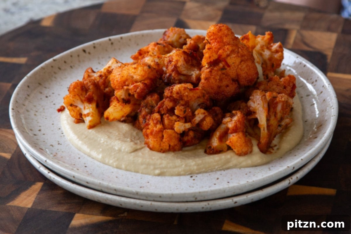 Spicy Harissa Roasted Cauliflower with Creamy Tahini Dill 16 harissa cauliflower on a plate with hummus, ready for dressing