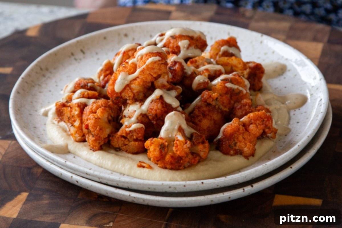 Spicy Harissa Roasted Cauliflower with Creamy Tahini Dill 17 harissa cauliflower on a plate with hummus, and fresh herbs, pre-dressing