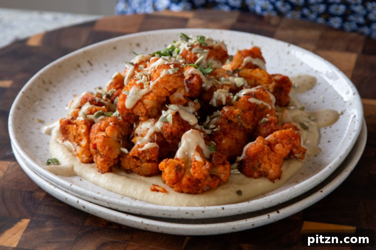 Spicy Harissa Roasted Cauliflower with Creamy Tahini Dill 18 harissa cauliflower on a plate with tahini sauce, hummus, and fresh herbs, beautifully garnished