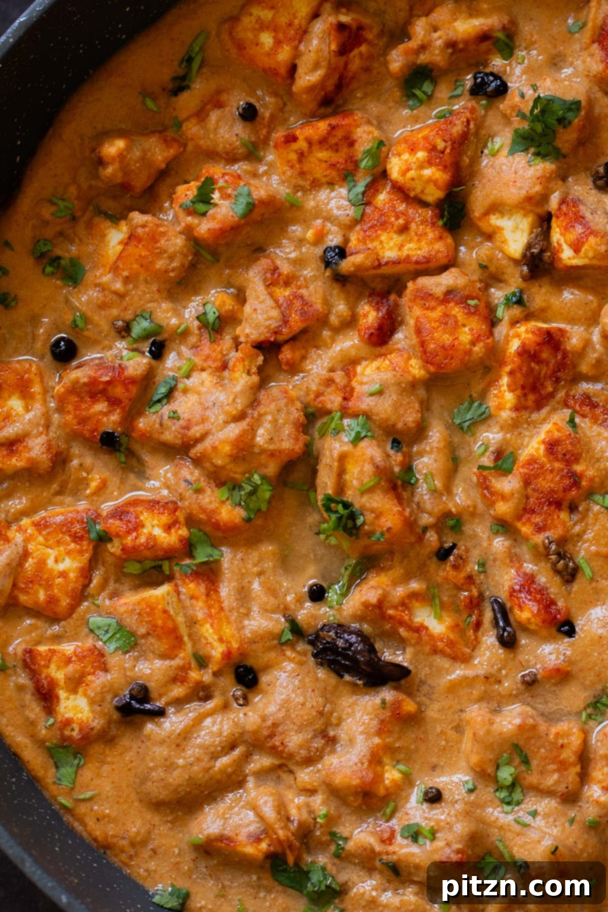 Extreme close-up of a panful of Pahadi Tofu Curry, highlighting the rich sauce and crispy tofu pieces.