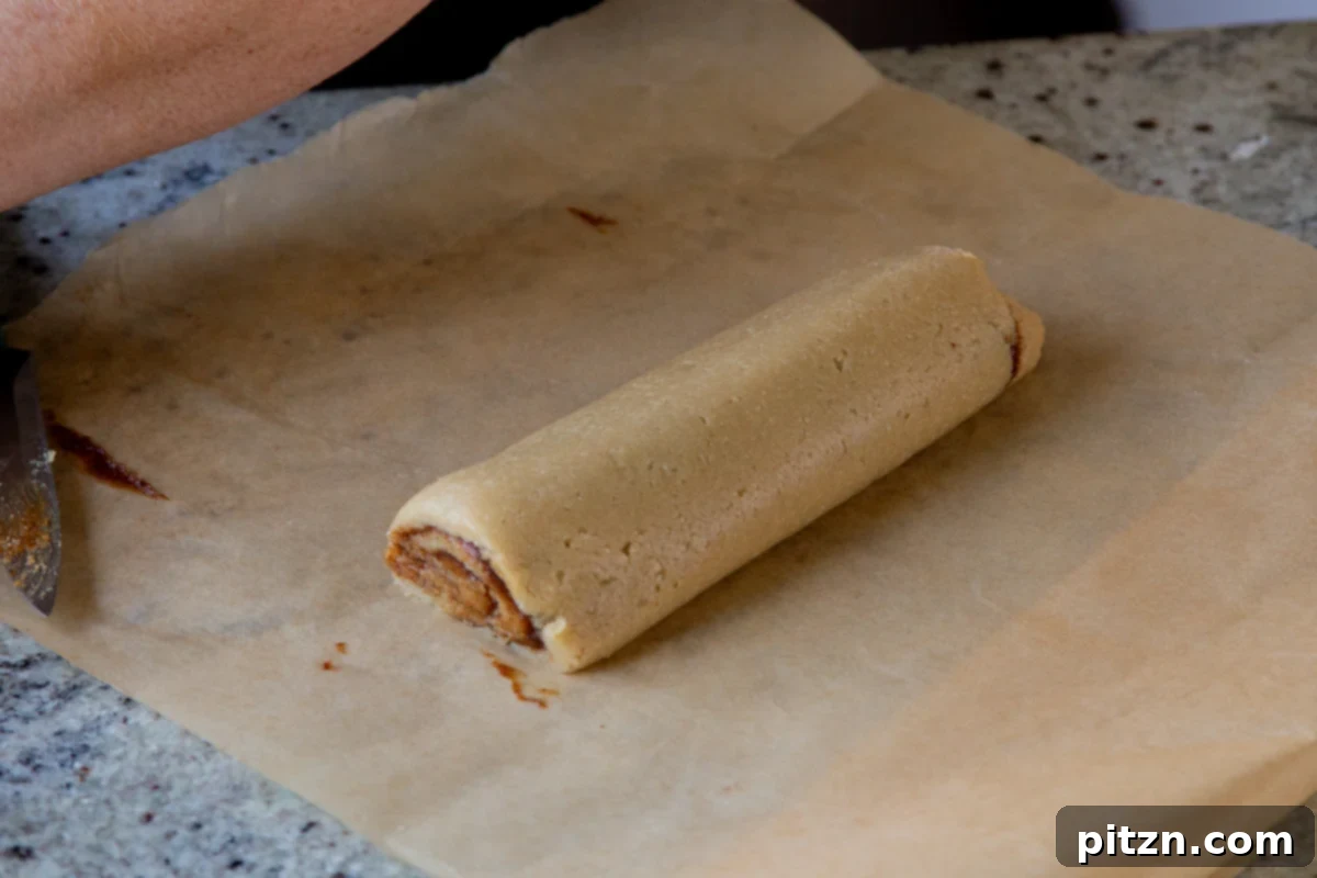 cookie dough after rolling it up into a log, showcasing the beautiful spiral