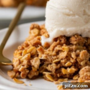 close-up of slice of pumpkin crisp on a white plate with ice cream on top