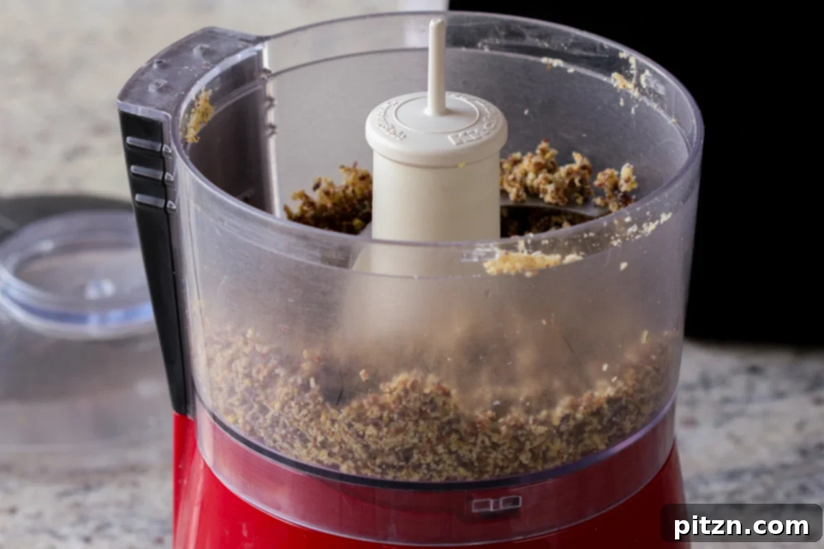 The completed Gujiya filling mixture, appearing crumbly and textured after blending coconut, pistachios, and raisins in the food processor.