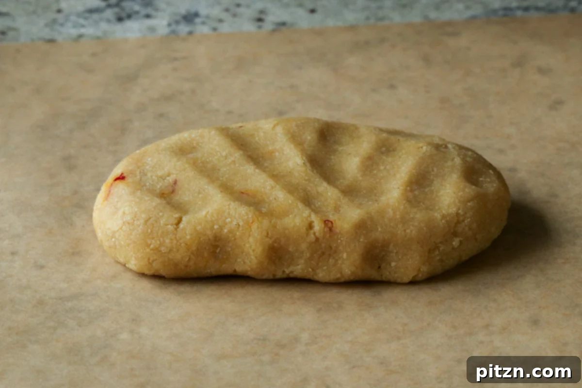 The chilled almond peda dough, firm and ready to be rolled out, on parchment paper.